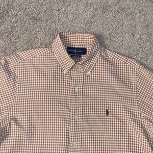 Polo Ralph Lauren Button Down Shirt M Tan Beige Brown White Gingham Plaid Medium